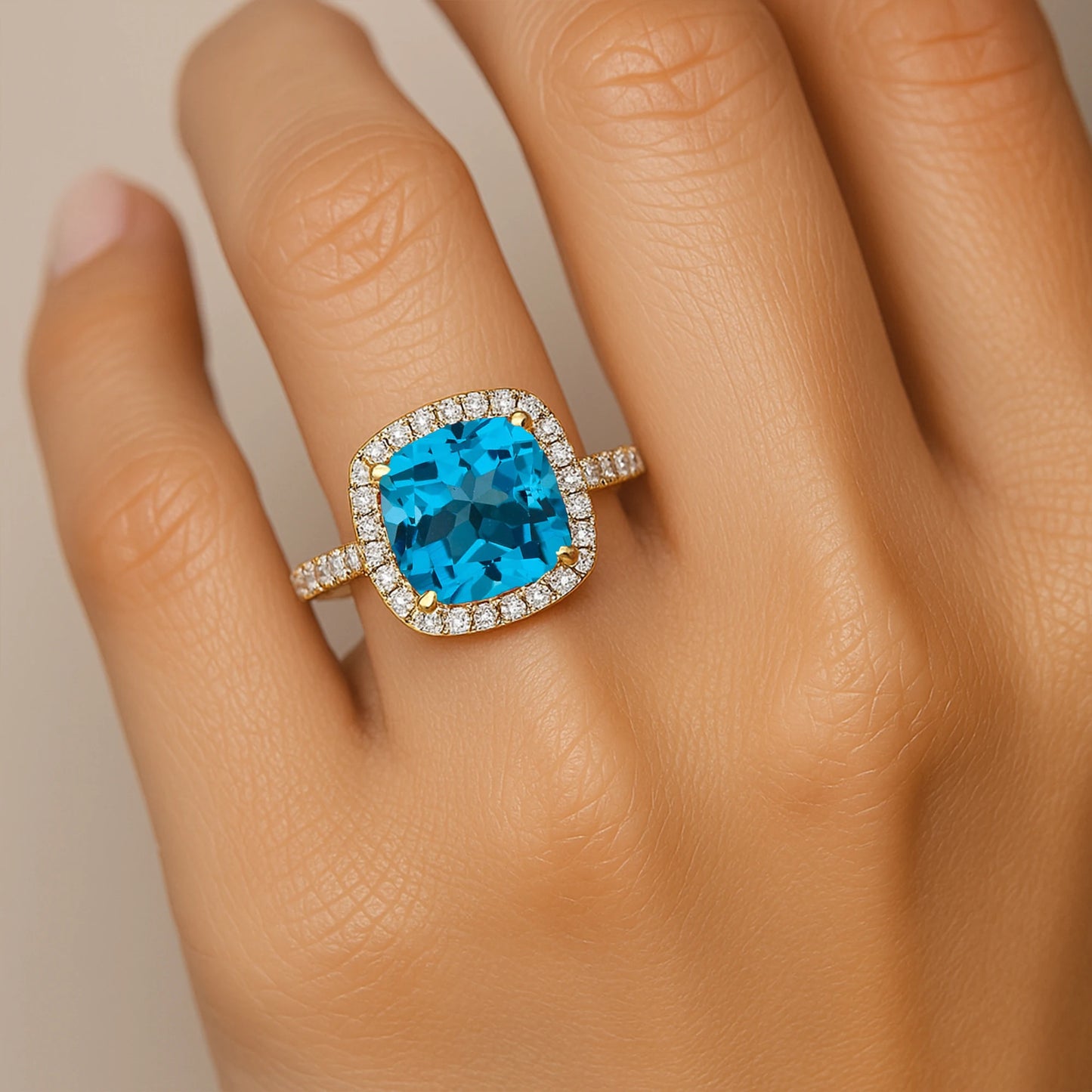 Personalized Classic 14k Solid Gold Halo Wedding Engagement Ring with for Swiss Blue Topaz & Natural Diamond Gift Her Bulk OEM