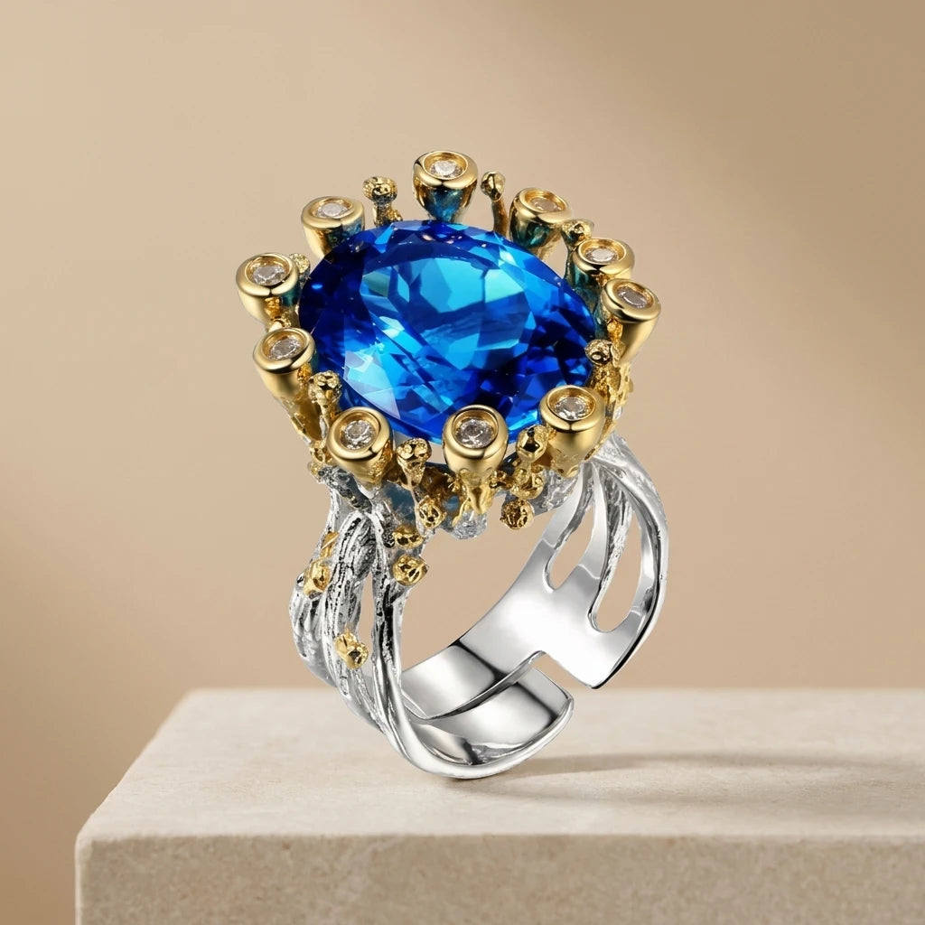 Handmade 925 Sterling Silver Big Blue Glass Finger Ring for Women