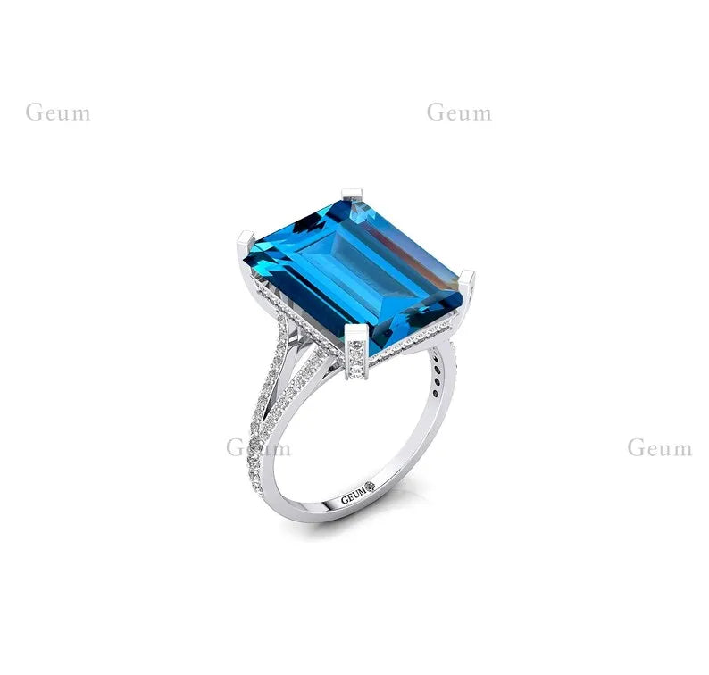 Wholesale 14kt Solid Gold Fine Classic Bridal Rings Natural Swiss Blue Topaz Gemstone Real Diamonds Halo Solitaire Wedding Party