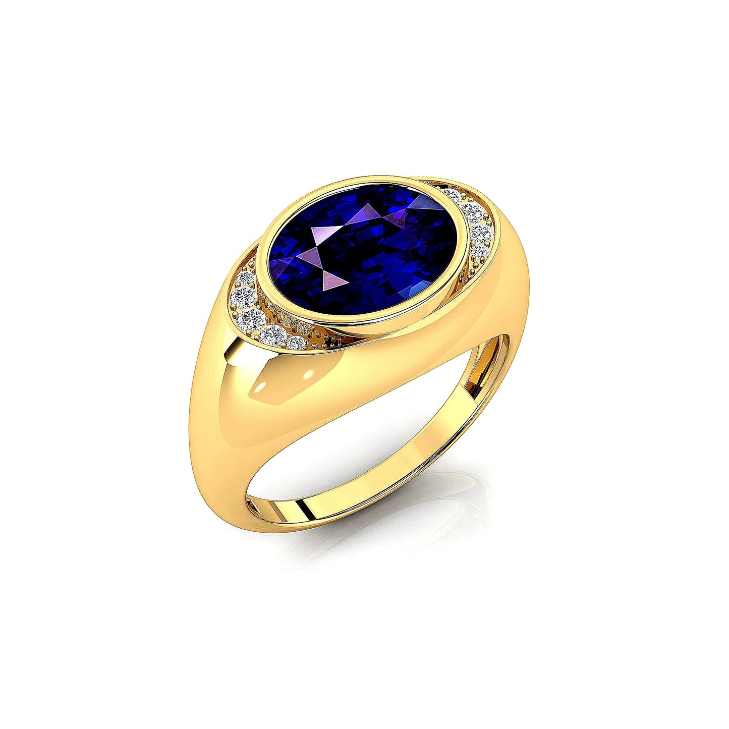 Oval Cut Lab Grown Blue Sapphire Gemstone Solid Gold Rhodium Plated Bezel Setting Ring With Real Diamonds Luxurious Ring Gift