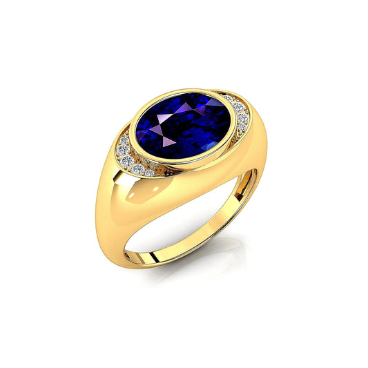 Oval Cut Lab Grown Blue Sapphire Gemstone Solid Gold Rhodium Plated Bezel Setting Ring With Real Diamonds Luxurious Ring Gift
