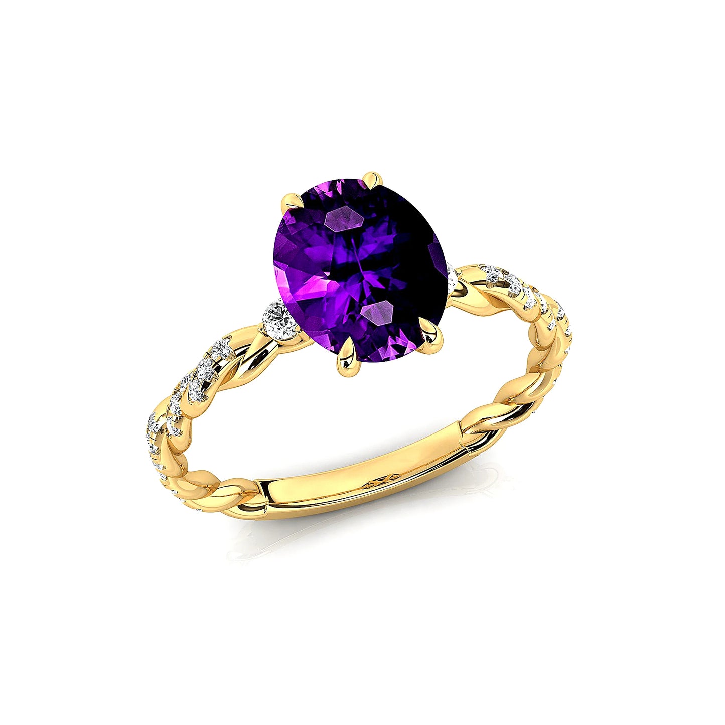 Luxurious Design Classic Rhodium Plated Women's Unique Amethyst Gemstone Real Diamonds Wedding Anniversary Rings 14k Solid Gold