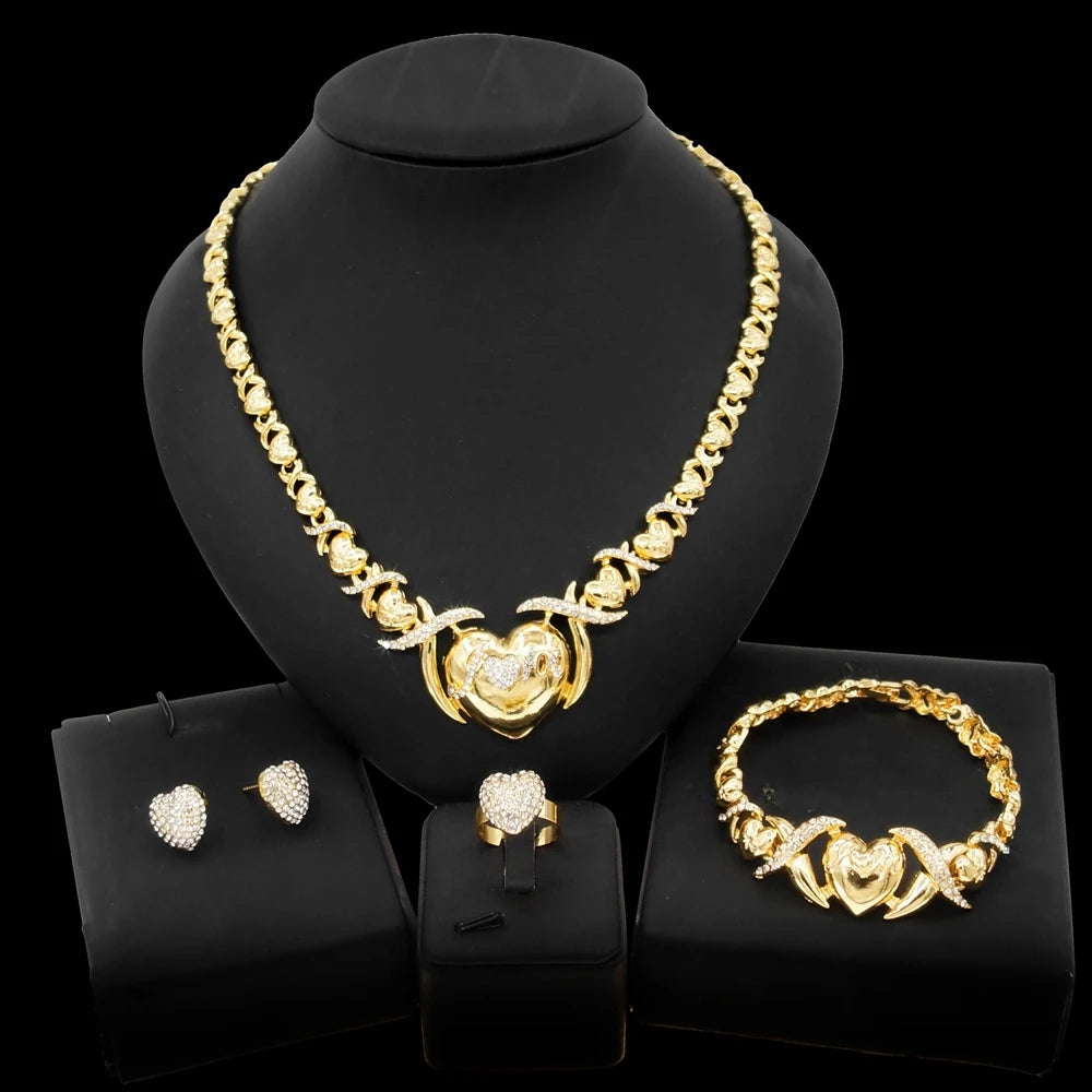 Zhuerrui Hot Sale Pop Style Xoxo Hug and Kiss I Love You Jewelry Set Latest Design Women Gold Plated Necklace Jewelry Sets X0147