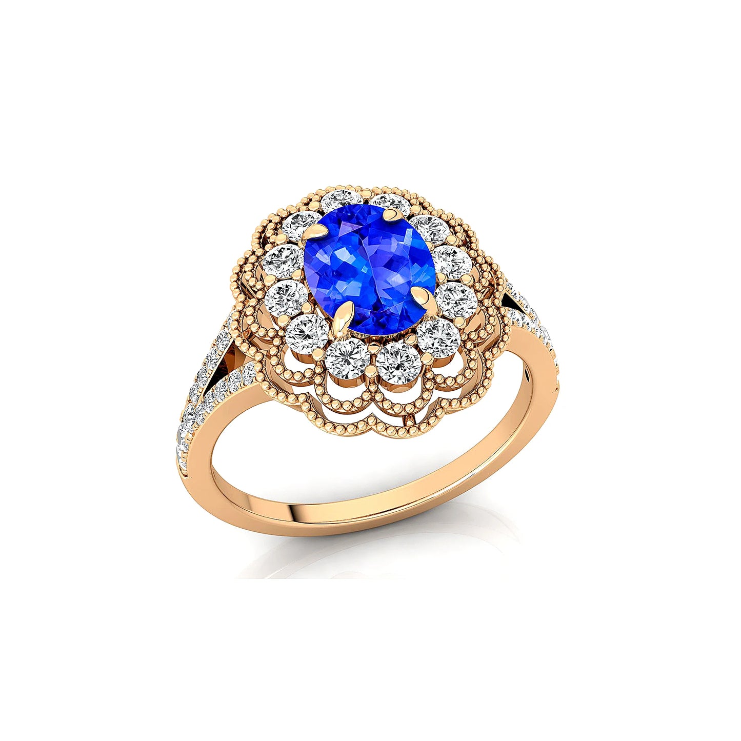 Natural Birthstone Tanzanite Gemstone Flawless Cut Cluster Rings 18k Solid Gold Studded Real White Diamond Halo Solitaire Ring