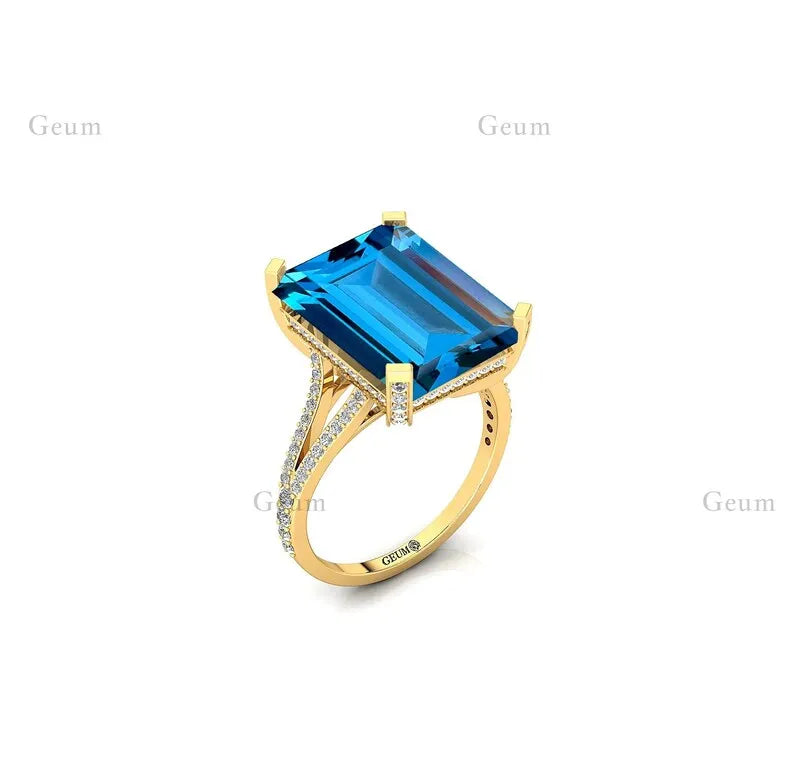 Wholesale 14kt Solid Gold Fine Classic Bridal Rings Natural Swiss Blue Topaz Gemstone Real Diamonds Halo Solitaire Wedding Party