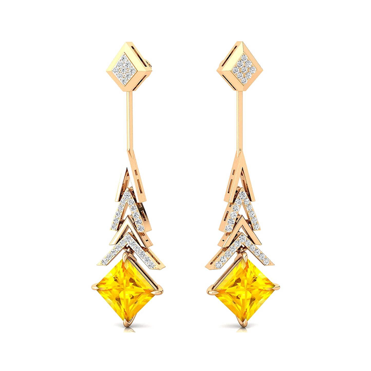 18K Gold Lab Grown Yellow Sapphire Gemstone Real Diamond Drop Earrings Luxurious Fine Fashionable Wedding Party Jewelry Earrings