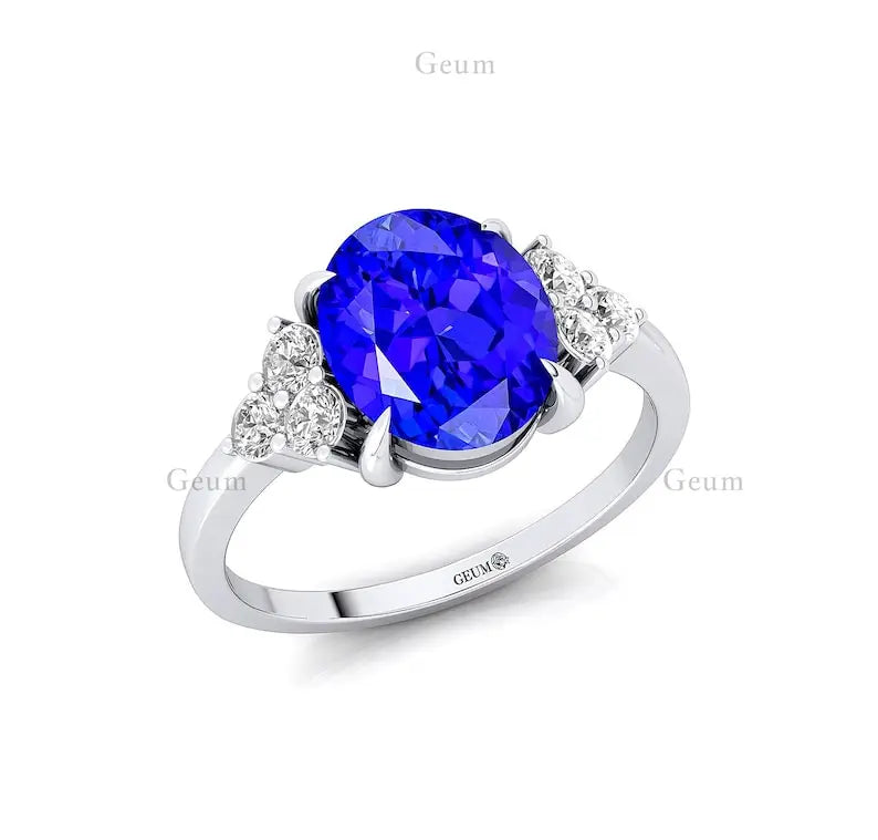 New Arrival Classic Minimalist Oval Shaped Natural Tanzanite Gemstone Real Diamond Halo Solitaire Wedding Rings 14k Solid Gold