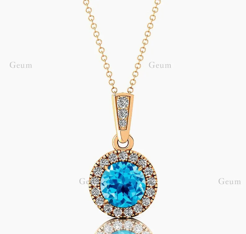 18Kt Solid Gold Cute Rhodium Plated Natural for Blue Topaz Pendant Necklace Real Diamond Women's All Occasion Gift OEM ODM