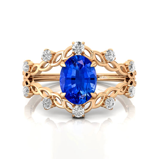14kt Gold Lab Grown Blue Sapphire Gemstone & Real Diamonds Ring Prong Sett Split Shank Design Classic Wedding Statement Rings