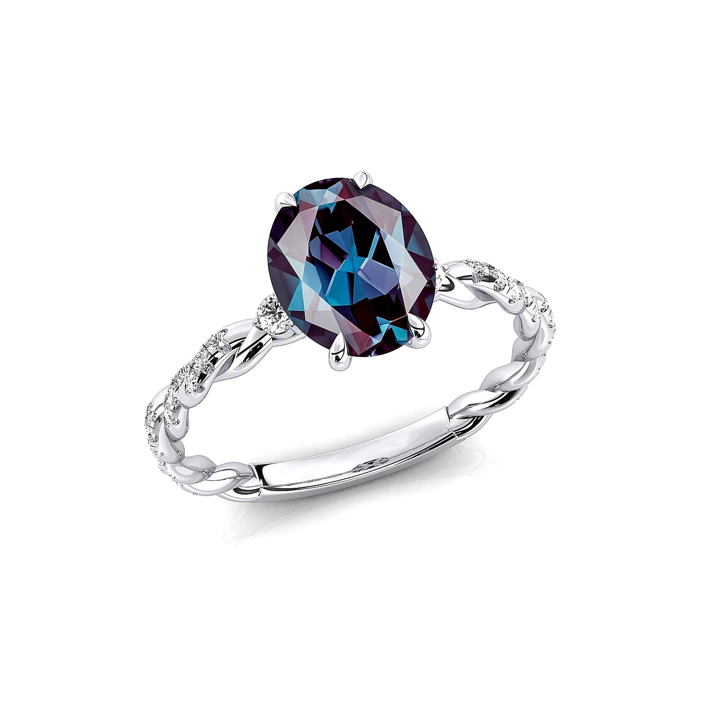 18KT Solid Gold Luxurious Engagement Wedding Rings Oval Cut Lab Grown Alexandrite Gemstone Real White Diamonds Rhodium Plated