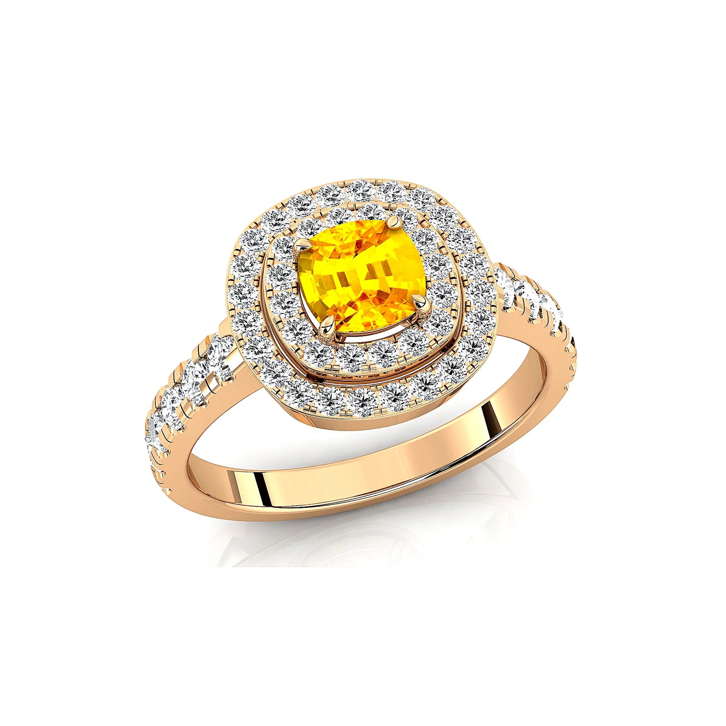18K Pure Gold Lab Grown Yellow Sapphire Stone and Natural Diamonds Classic Engagement Double Halo Ring Wedding Fine Ring Jewelry