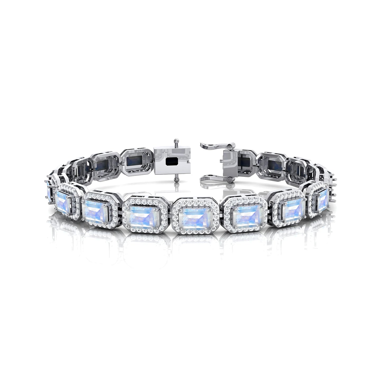 Natural Octagon Cut Rainbow Moonstone & Diamond Tennis Bracelet 14k Solid Gold Prong Set Wedding Gift Gemstone Tennis Bracelets