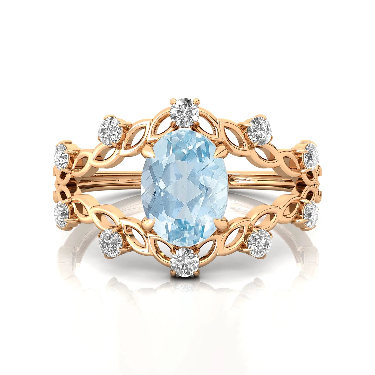 Oval Cut Natural Aquamarine Gemstone Diamond 18k Rose Gold Anniversary Wedding Party Rings for Women