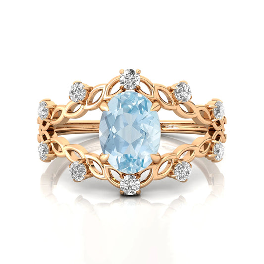 Oval Cut Natural Aquamarine Gemstone Diamond 18k Rose Gold Anniversary Wedding Party Rings for Women