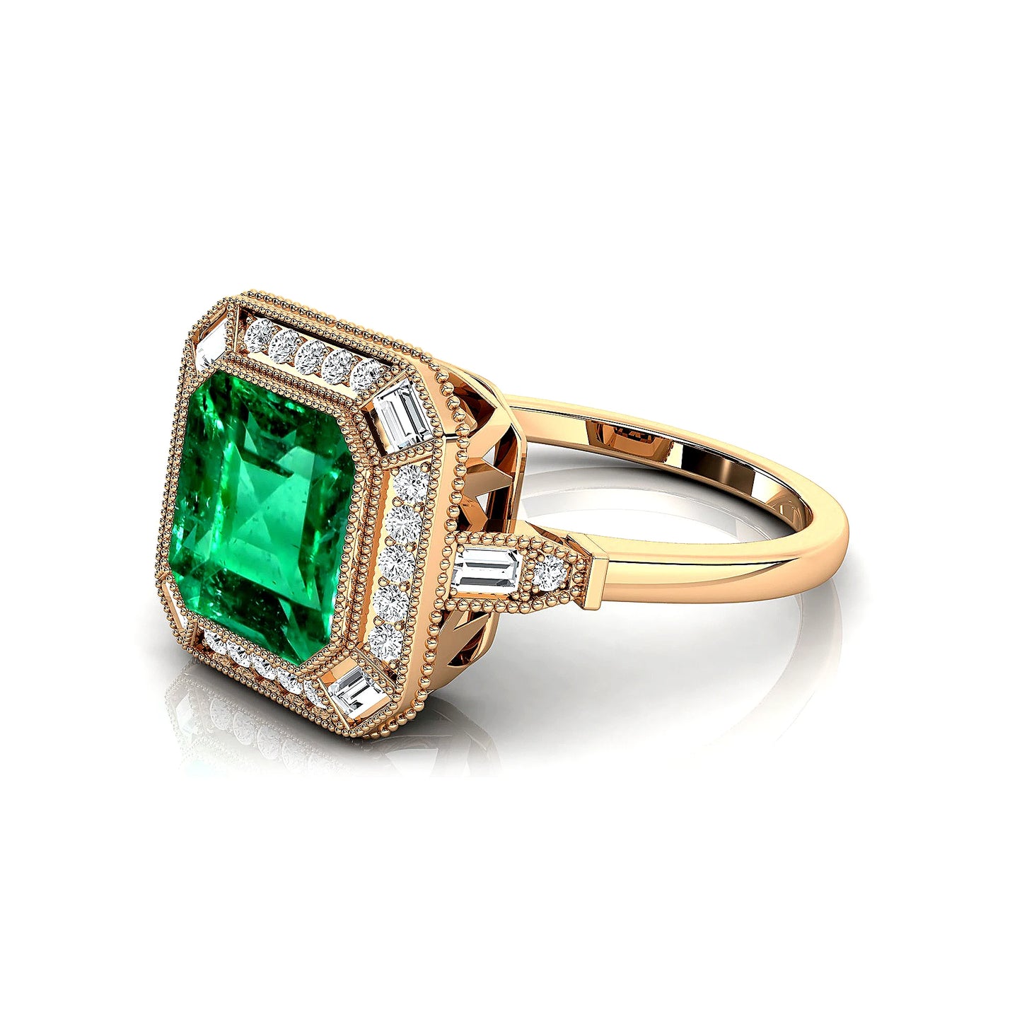 Solid Gold 100% Lab Grown Emerald Gemstone Rhodium Plated Halo Diamonds Solitaire Fine Jewelry Ring Gift For Anniversary