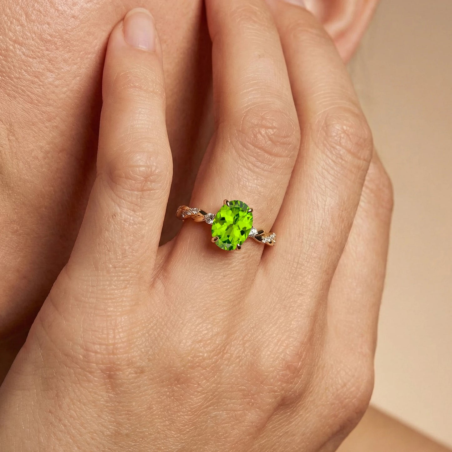 Fashionable Design Natural Peridot Gemstone Real Diamond Dainty Rings 18K Solid Gold Rhodium High Quality Fine Jewelry Party