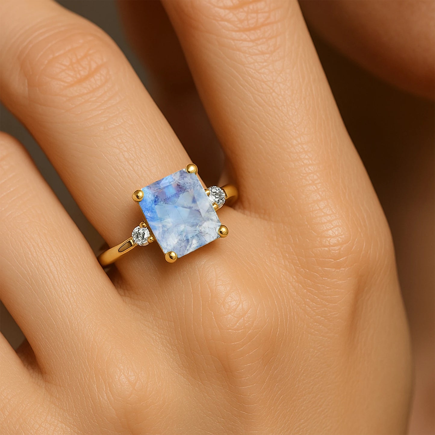Classic Unisex Solid Gold Rainbow Moonstone & Diamond Pave Setting Certified Ring Engagement Wedding Party Gift Her OEM ODM