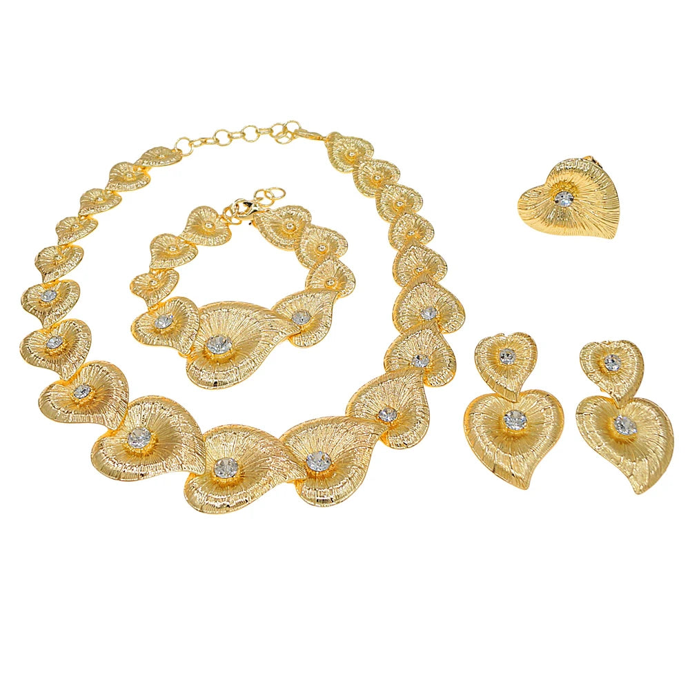 Zhuerrui Italian Gold Plated Jewelry Set for Women Heart Shaped Petal Crystal Necklace Earrings Bracelet Ring Party I004320