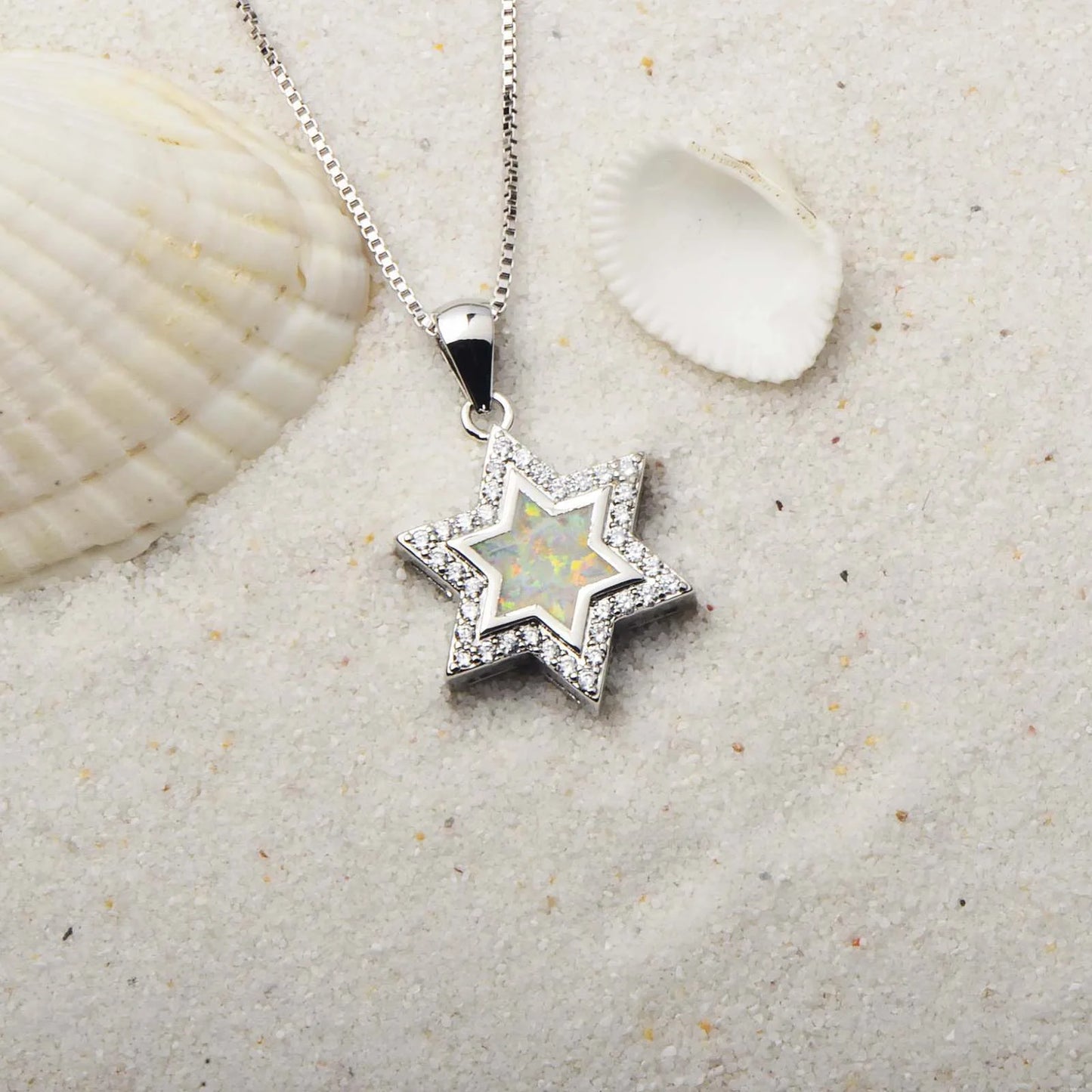 Opal Christian Anniversary Necklace for Women Romantic Brass Link Chain Sweater with Blue Hexagonal Star Pendant