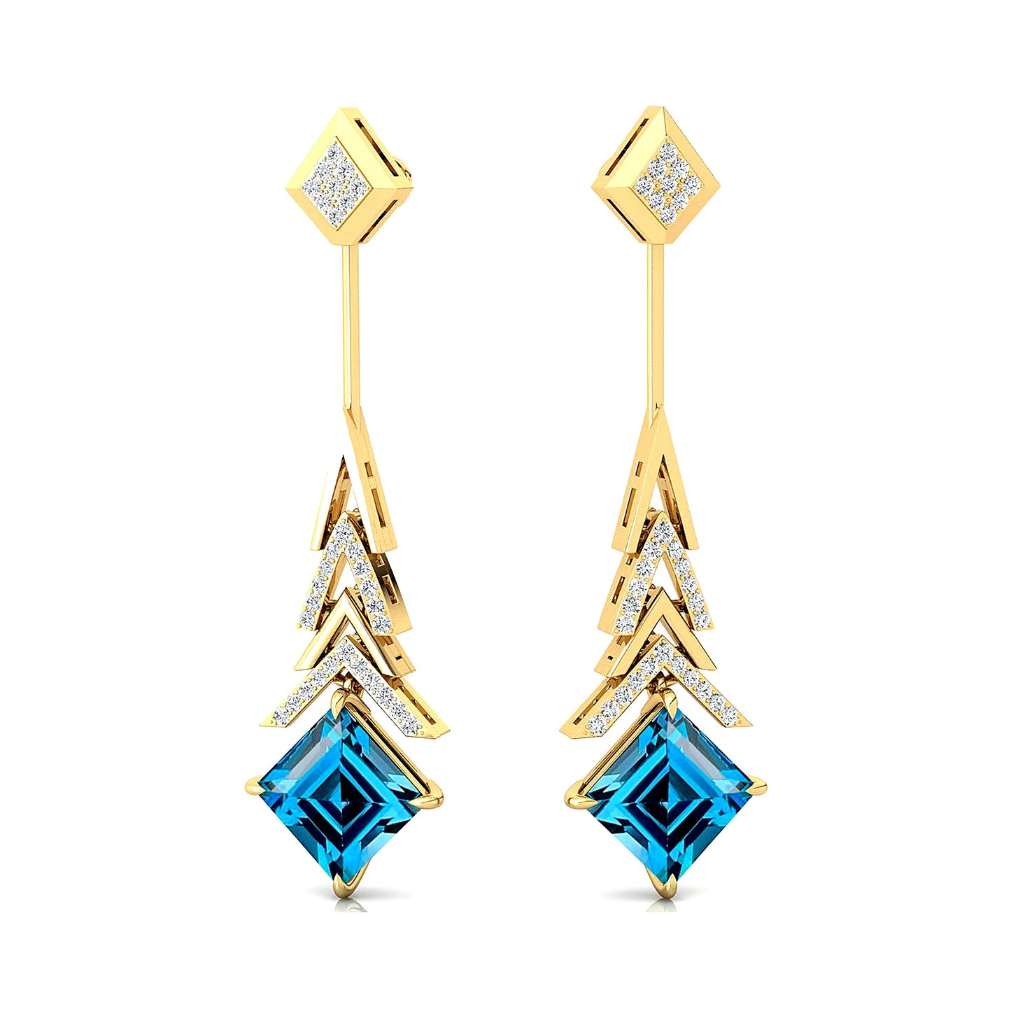 18k Solid Gold Cute Wedding Gift Earrings with London Blue Topaz and Round Cut Diamonds Luxurious Drop Earrings For Birthday