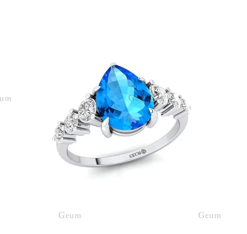 14K Pure Yellow Gold Ring Natural Swiss Blue Topaz Gemstone Women Classic Cluster Bridal Engagement Rings Real Gift for Her