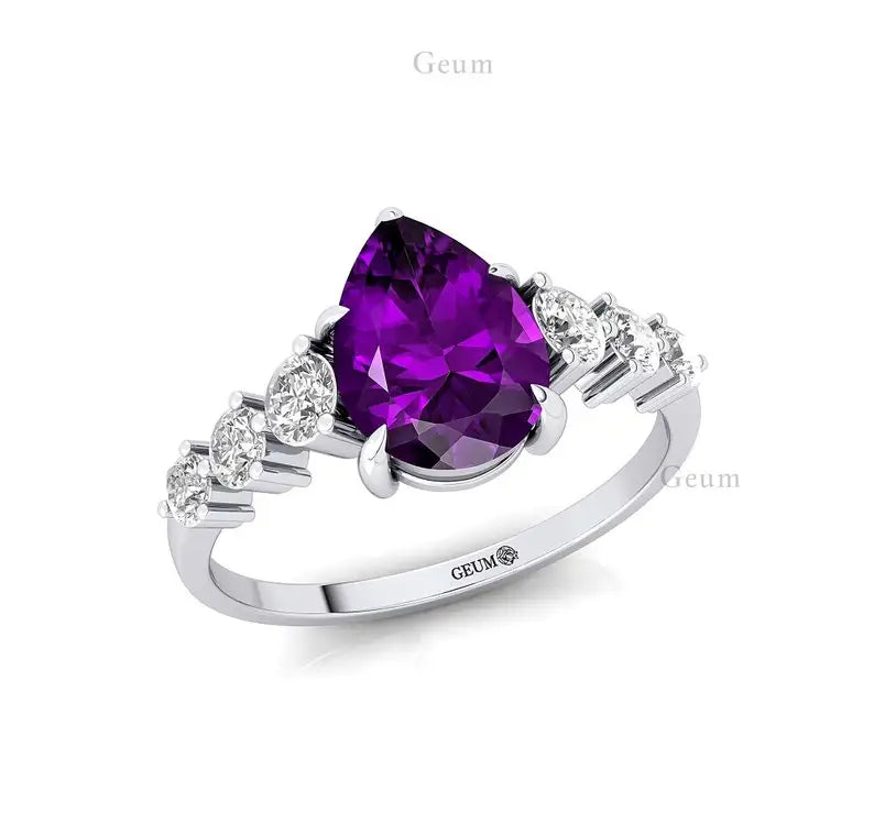 Natural February Birthstone Amethyst Gemstone Diamond Classic Wedding Anniversary Ring 14k 18k Solid Gold Bridal Jewelry Women's