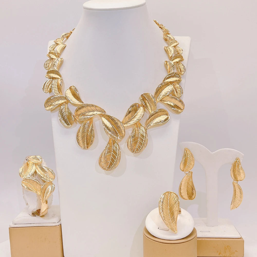 Zhuerrui Italian Gold Plated Jewelry Set for Women Leaf Shape Textured Pattern Necklace Earrings Bracelet Ring Party I0000420