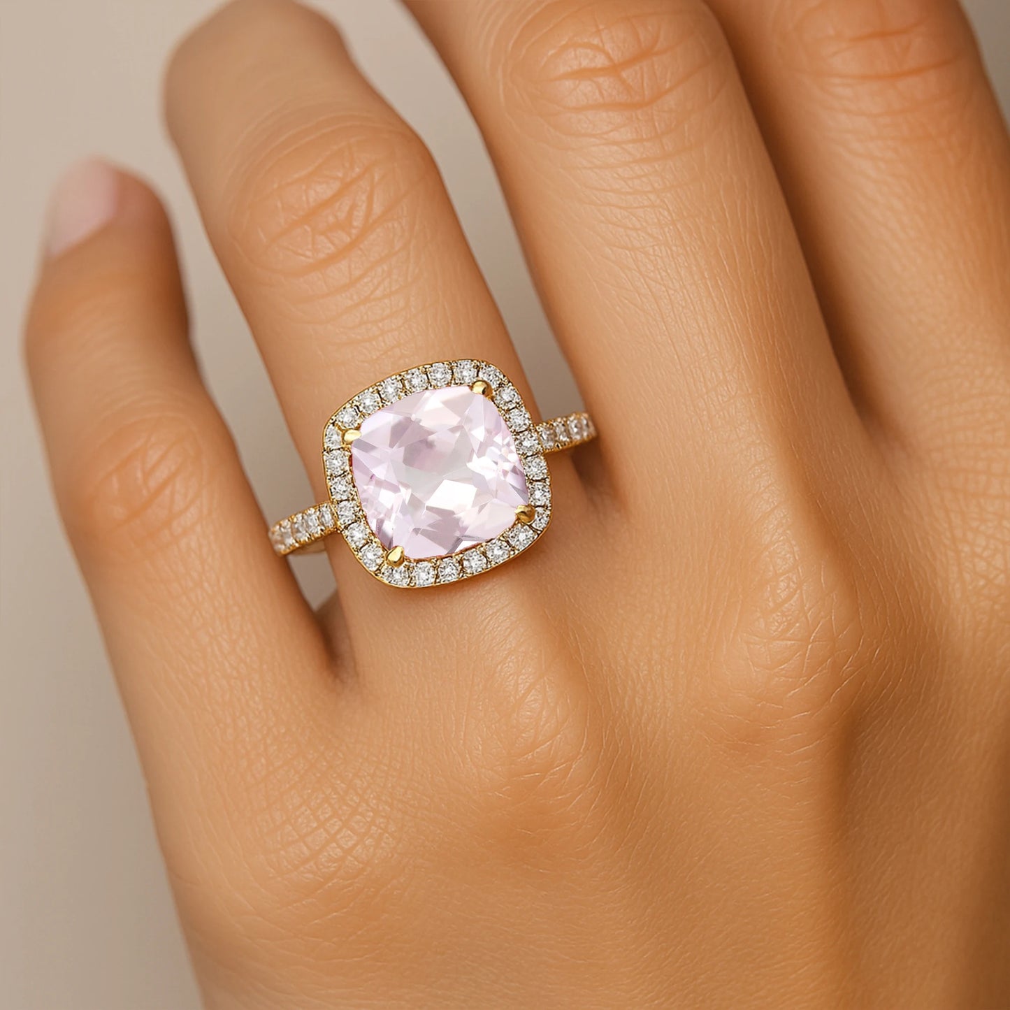 Pink Morganite 14K White Rose Gold Wedding Engagement Ring 7mm Cushion Cut Ring OEM ODM Party Handmade Jewelry