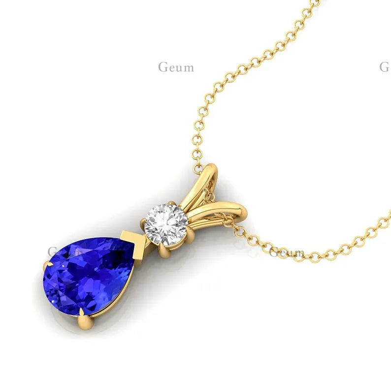 Beautiful Pear Shape Natural Tanzanite Gemstone Pendant Handmade Luxury Fine Jewelry With Small Diamond 14k Solid Gold