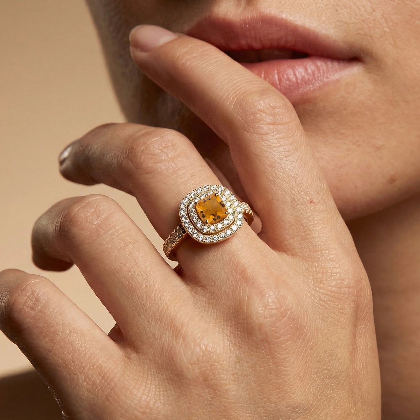 Exquisite Dainty 18k Solid Gold Natural Citrine Gemstone Real White Diamonds Premium Wedding Bridal Rings Rhodium Plated Classic