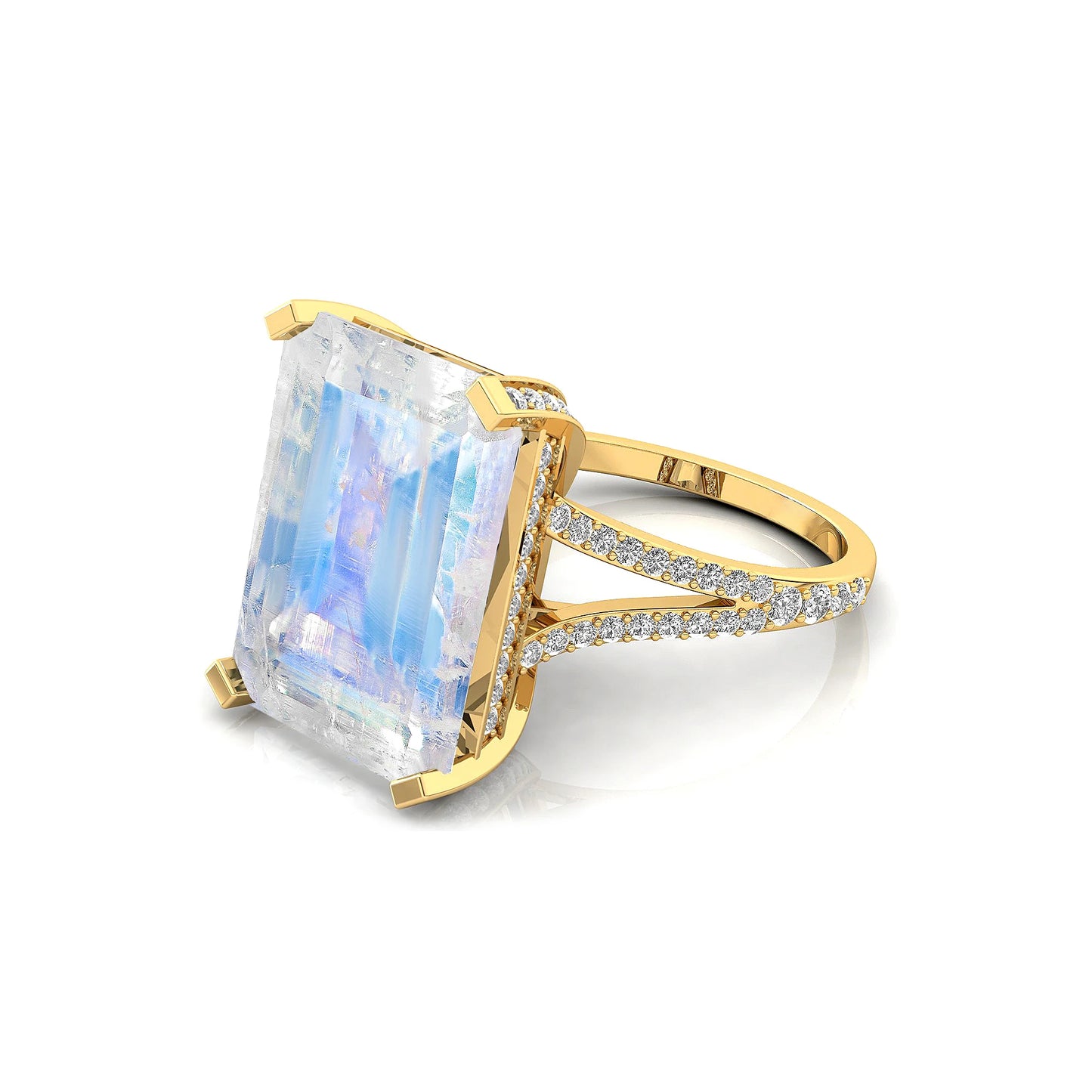 IGI Certified Solid Gold Fine Jewelry Rings Emerald Cut Natural Rainbow Moonstone Gemstone 0.54ct Women Cluster Rings OEM Party
