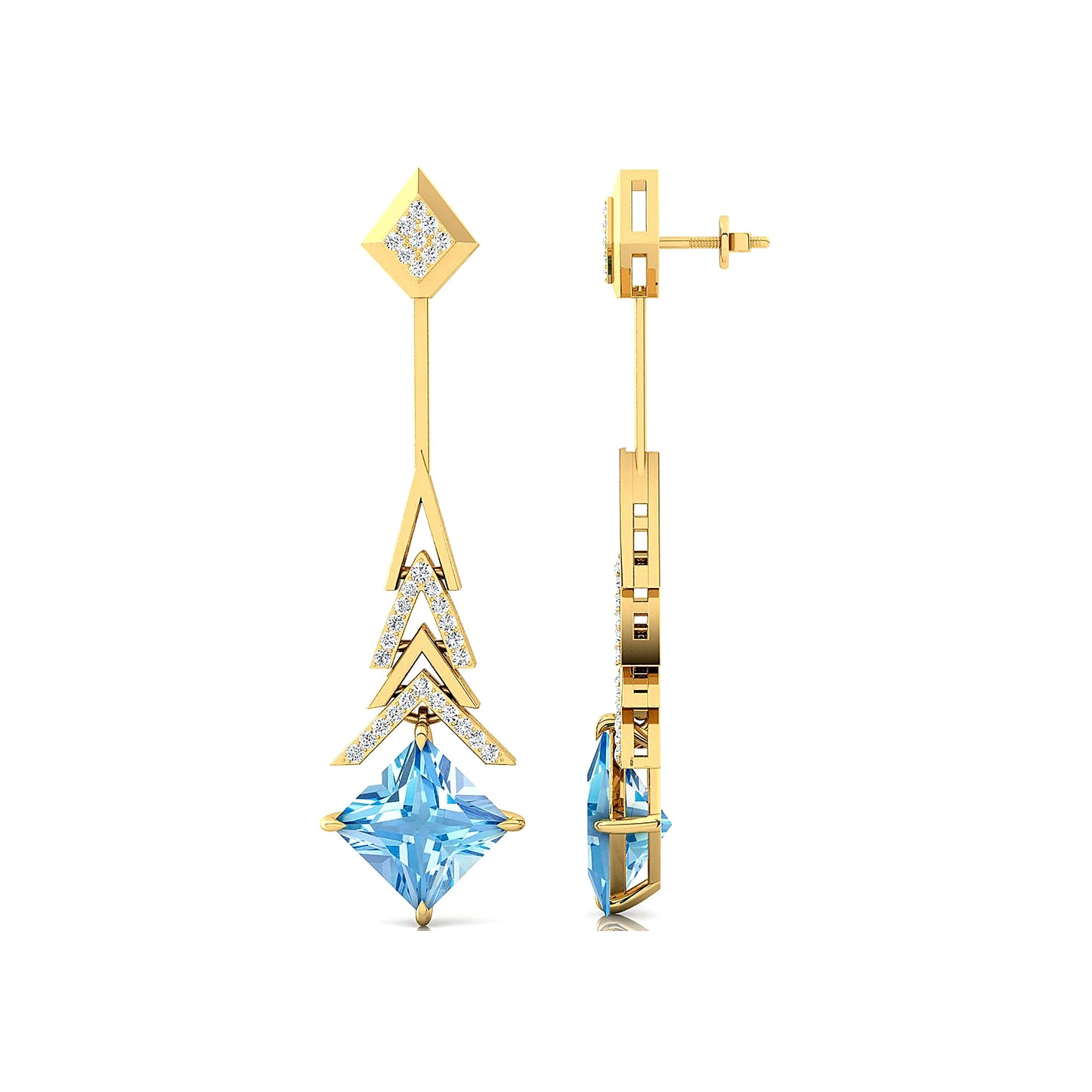Wedding Party Gift Natural Aquamarine Princess Cut Gemstone Solid Gold Real Diamonds Dangle Drop Earrings Rhodium Plated Jewelry