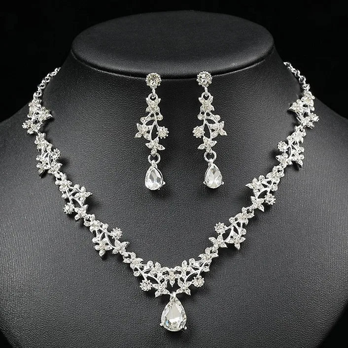 Korean Bridal Floral Drop Pendant Necklace & Earrings Set | Crystal Clavicle Chain Silver & Gold