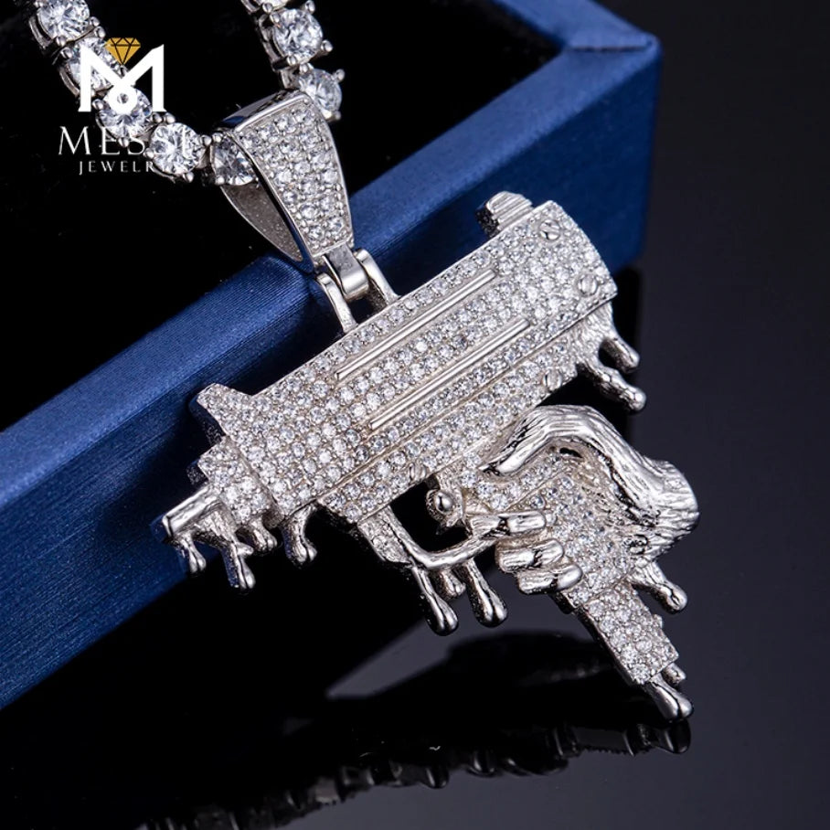 BiG-BOSS Messi Jewelry 925 Silver Jewelry Cz Stone Hip Hop Gun Pendant Necklace for Men