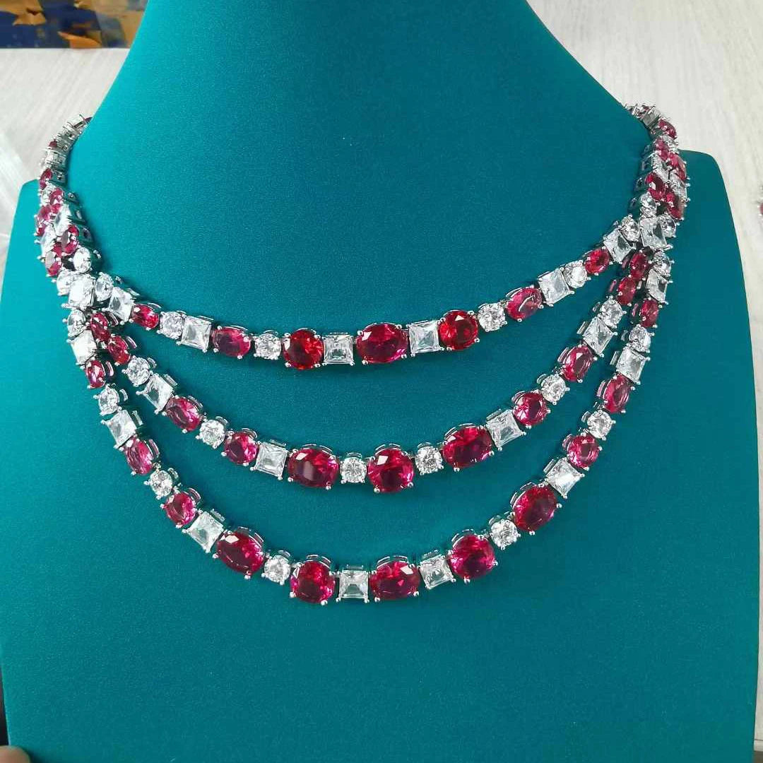 Luxury Red Ruby Zirconia Tennis Choker Necklace & Earrings Set — Rhodium Plated