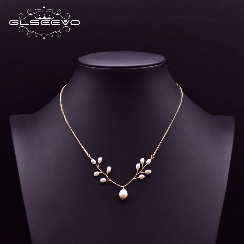 GLSEEVO Natural Freshwater Baroque Pearl & Gold Flower Leaves Jewellery Set — Necklace, Earrings & Bracelet