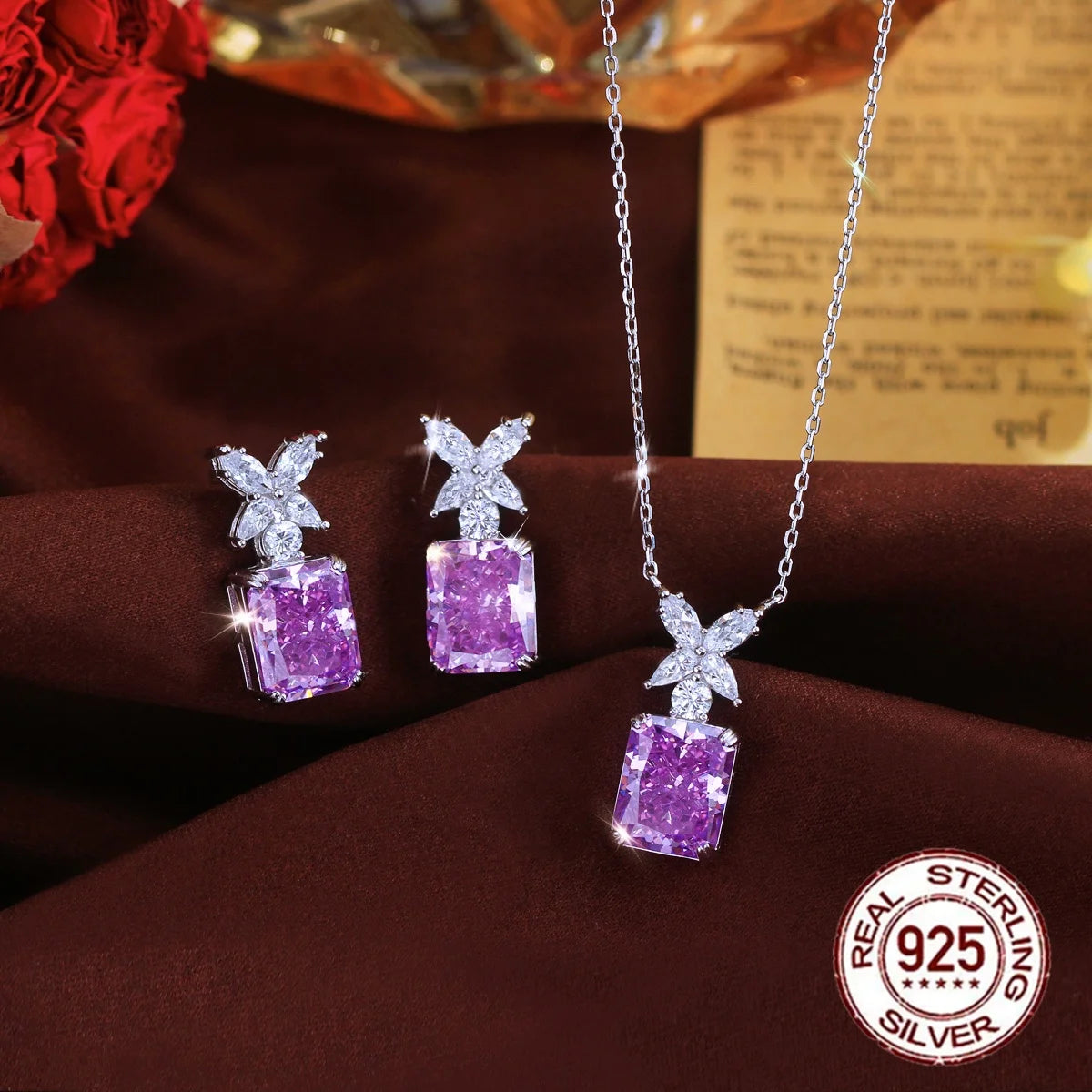 Sparkling High-carbon Crushed Ice Cut Cubic Zirconia S925 Sterling Silver Purple Jewelry Set for Women Wedding Party Jewelry