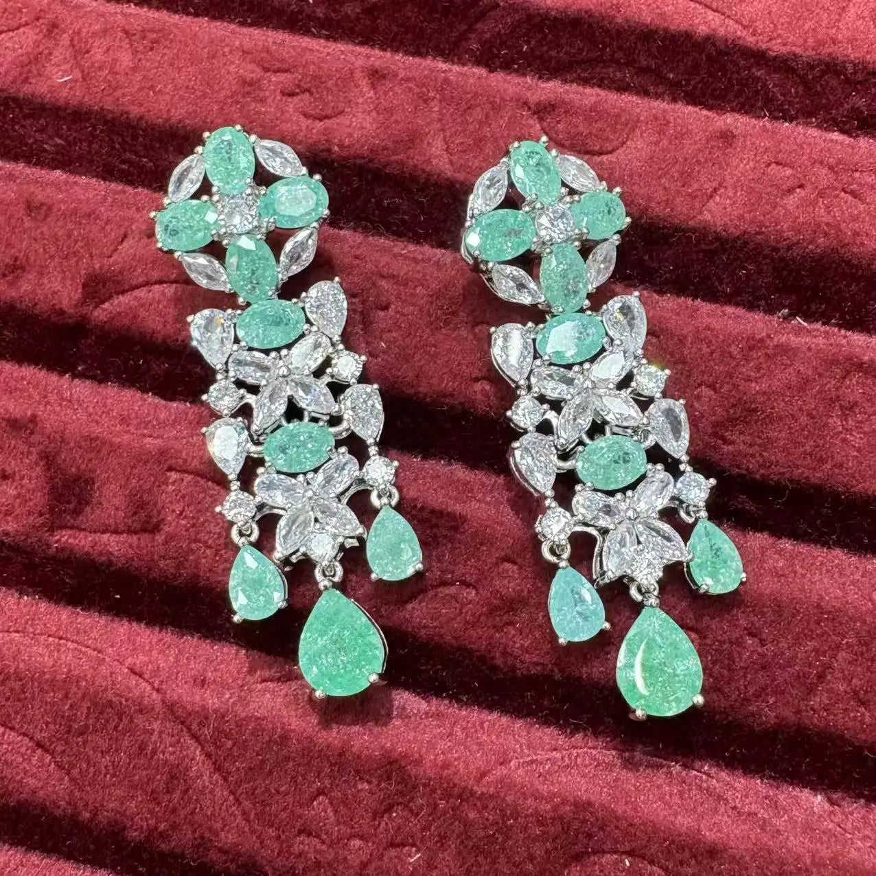 Luxury Cubic Zirconia Geometric Necklace & Earrings Bridal Set — Pink, Green & Purple