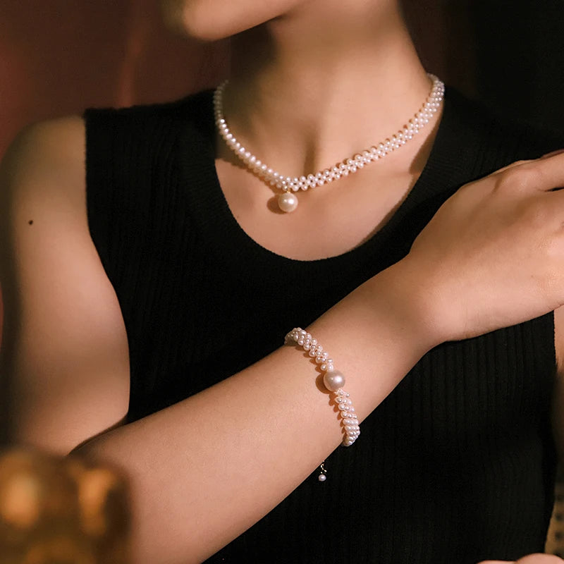 Natural Freshwater Pearl Braided Bracelet Necklace Set Handmade Design Set for Banquet Wedding Women's Jewelry GS0230
