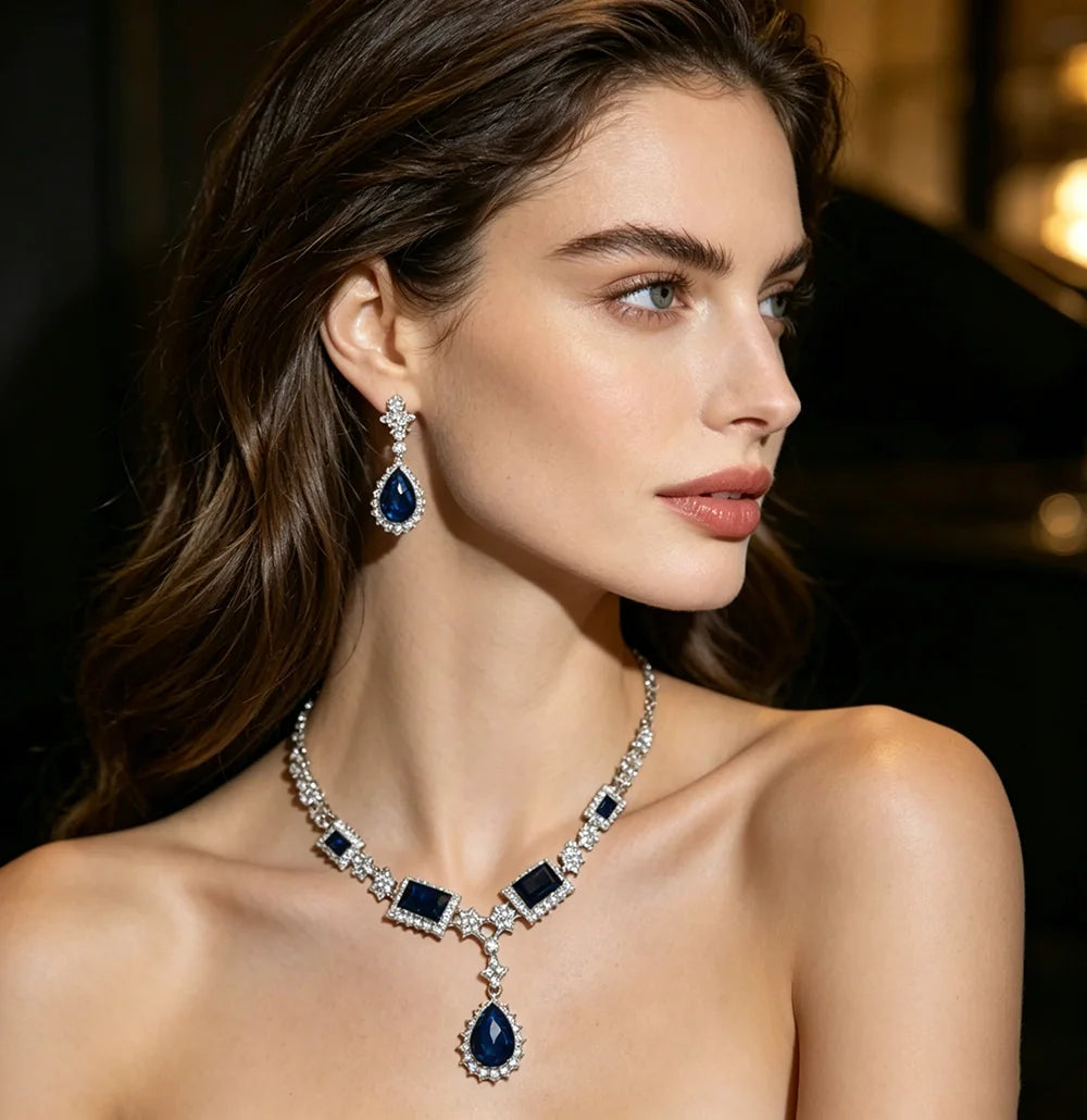 XM S365 Silver Plated Sapphire Blue Crystal Statement Necklace & Earrings Set