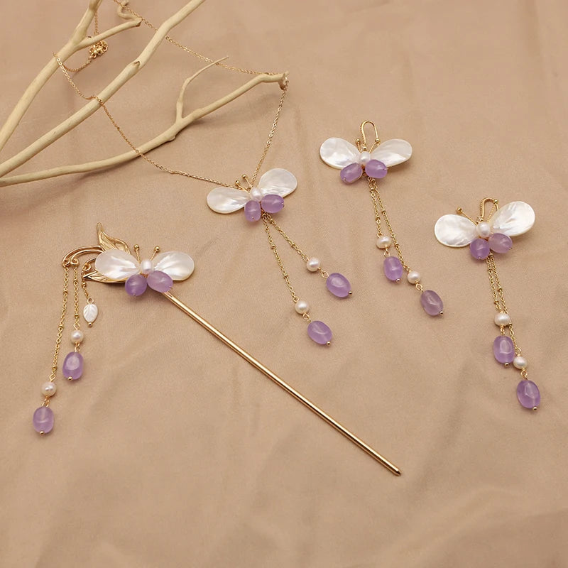 GLSEEVO Amethyst & Shell Butterfly Necklace, Earrings & Hairpin Set — 18K Gold Plated Brass | Vintage Luxury
