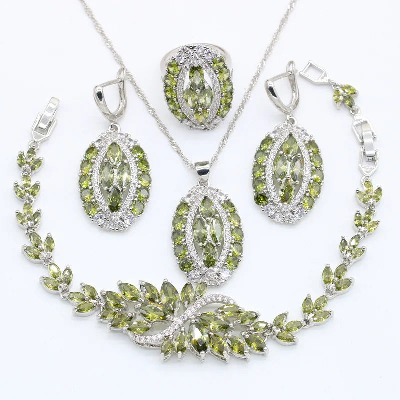 XOTICA Women's Sterling Silver 925 Wedding Jewelry Set Including Bracelet Earrings Pendant Ring Green Peridot Zircon for Party Gift