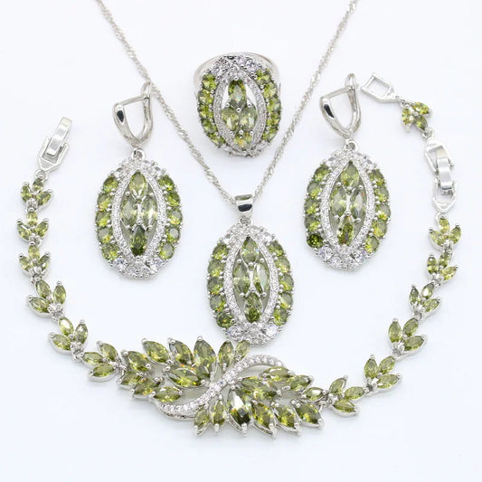 Women's Sterling Silver 925 Wedding Jewelry Set Including Bracelet Earrings Pendant Ring Green Peridot Zircon for Party Gift