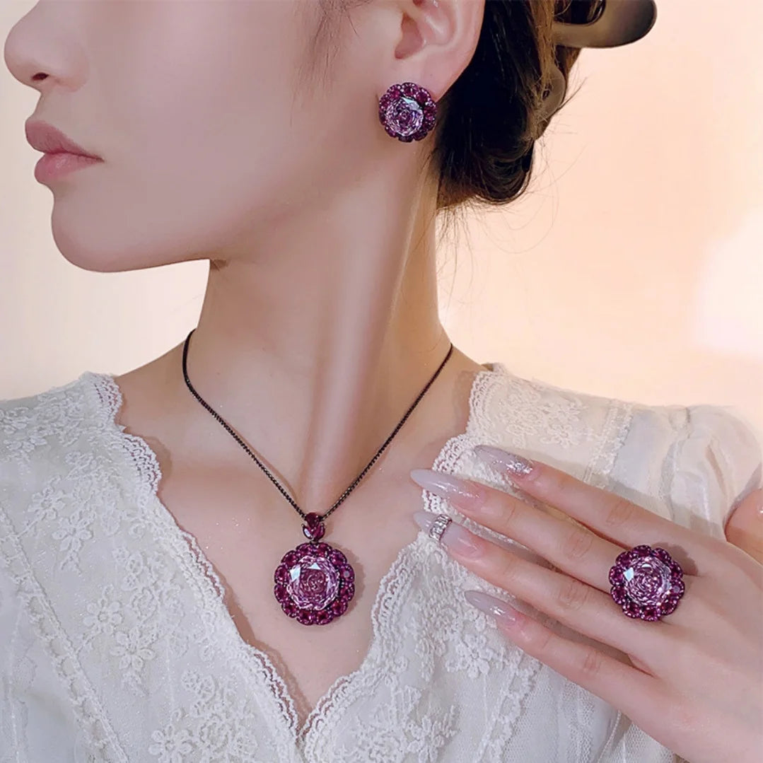 S&S Black Gold Dried Rose Jewellery Set – Pendant, Ring & Earrings – Chopin Chain – Collection