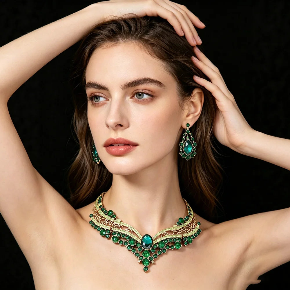 XM S370 Rose Gold Plated Princess Cut Zircon Floral Statement Necklace & Earrings Bridal Set
