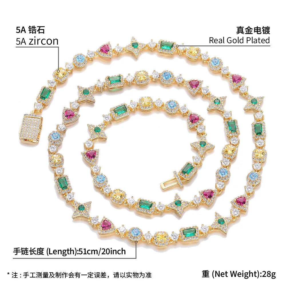 Luxury Geometric Zircon Tennis Necklace for Men and Women Colorful Gemstone Gold Plated Hip-Hop Necklaces