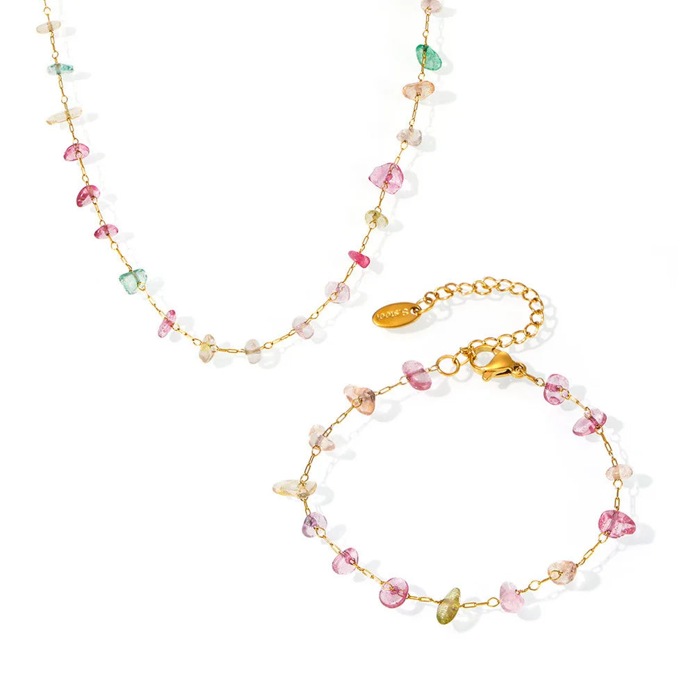 New Fashion Multicolor Crystal Rainbow Beaded Bracelet and Necklace Set for Girls Slim Chain Stainless Steel Necklace Women