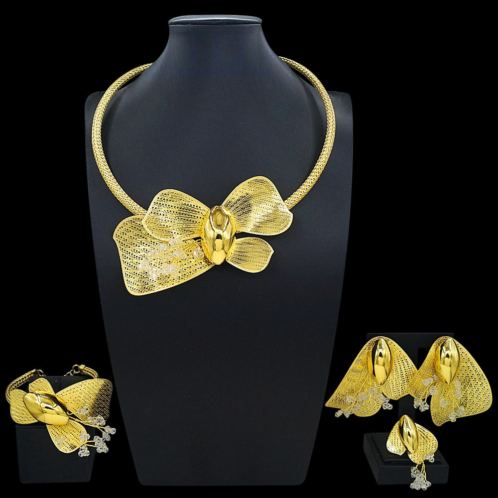 Zhuerrui Luxury Gold Plated Bow Knot Jewelry Set Rhinestones for Women Necklace Earrings Bracelet Ring Party Accessories MY20935