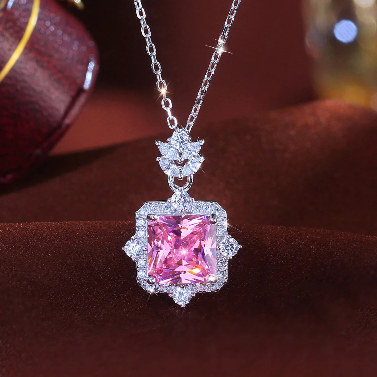 S&S 925 Sterling Silver Pink Square CZ Charm Pendant Necklace – 8A Zirconia – Rhodium Plated – Collection