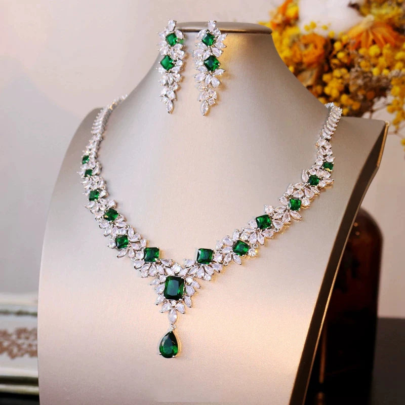 XM S315 Emerald Green Cubic Zirconia Floral Leaf Statement Necklace & Earrings Set
